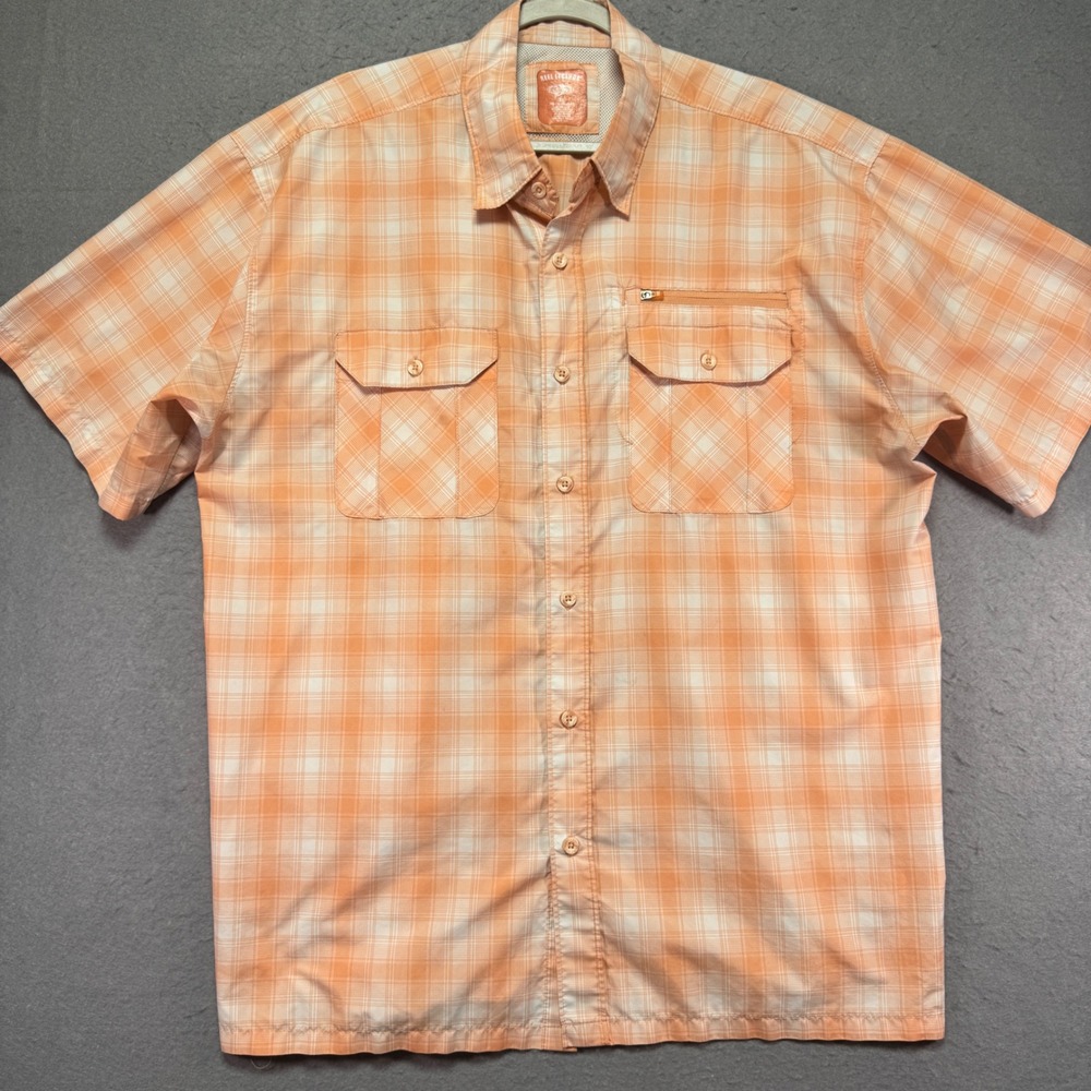 Reel Legends Men's Plaid Short Sleeve Button Up Shirt Orange‎ White XL Fishing